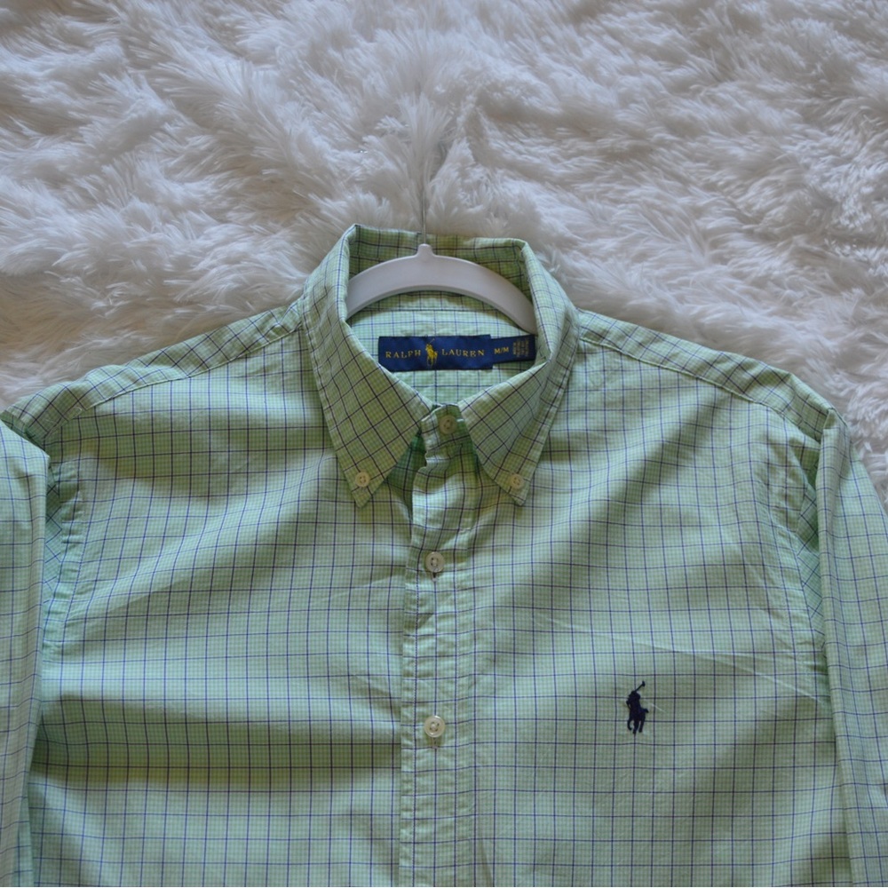 Men’s Ralph Lauren Classic Fit Gingham Oxford Plaid Green Shirt Size M